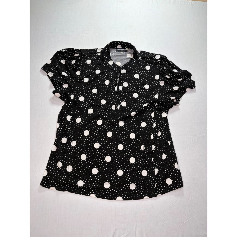 Karl Lagerfeld Black Polka Dot Button-Front Short Sleeve Blouse